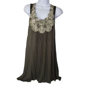 Pink Rose Sleeveless Sz S Dress Olive Green Medallion Rose Baguette Bohemian